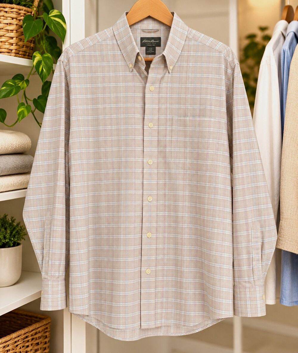 Eddie Bauer Men’s Medium Plaid Button Down Shirt 100% Cotton Wrinkle Resistant